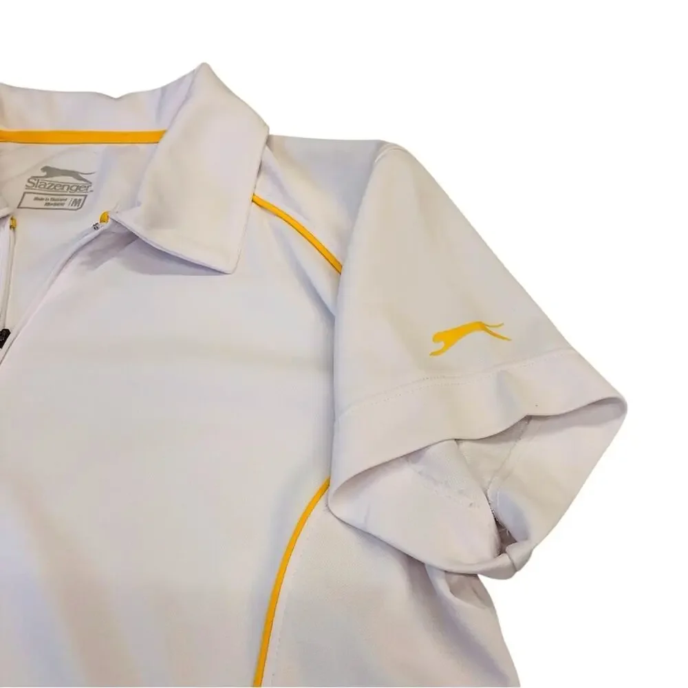 Slazenger White Zip Front Polo Activewear Shirt with Gold Piping Short Sleeve - Picture 10 of 16